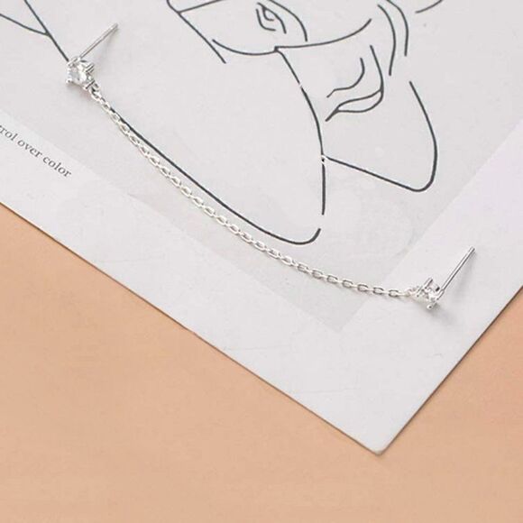 Crystal Chain Stud Sterling Silver Cartilage Double Piercing Climber Earring NEW - Picture 7 of 16